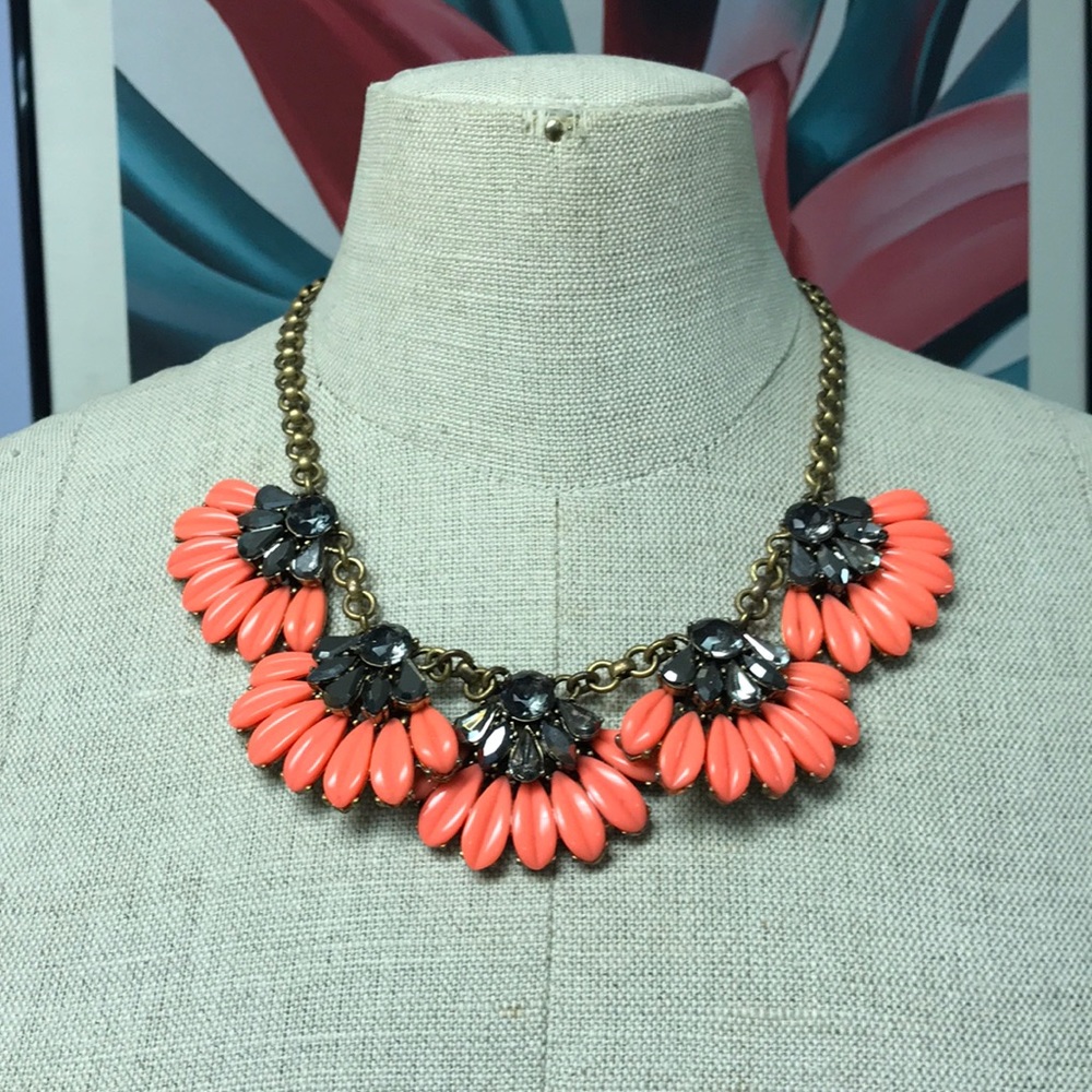 coral resin and grey crystal statement necklace